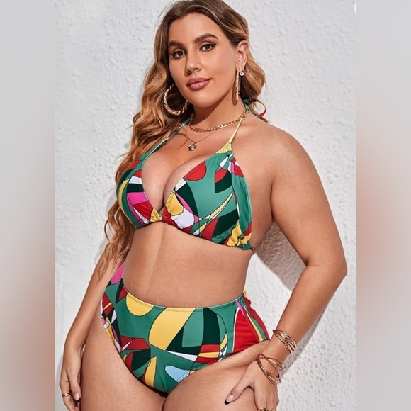 MakeMeChic 3 Piece Swimsuit Printed Halter High Waisted Bikini Set w/Cover Up - Picture 2 of 4
